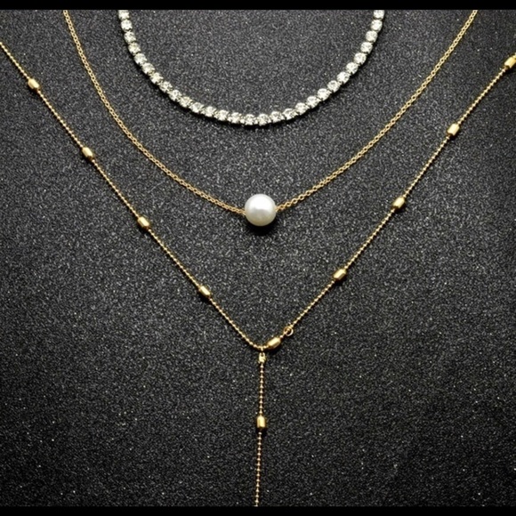 3 lather rhinestone pearl teardrop choker necklace - Picture 8 of 8